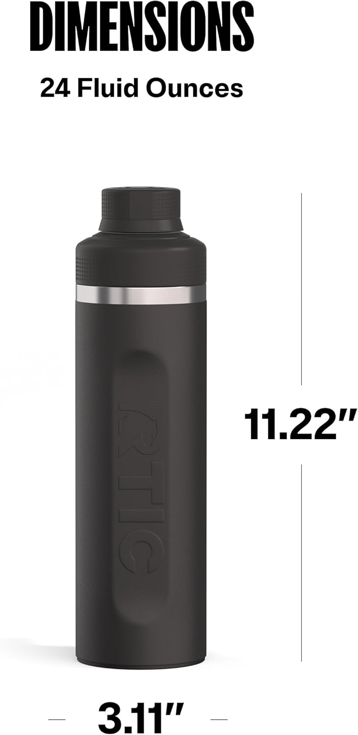 RTIC 24oz Refuel Water Bottle with Workout Protein Shaker, Insulated, Stainless Steel, Metal, Double Wall Vacuum-Insulation, Ceramic Lined, Leak-Proof Chug Lid, Tumbler, Black