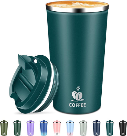 Insulated Travel Coffee Mug Reusable Coffee Tumbler Cup with Flip Lid Leak Proof Spill Proof for Office School Party Camping Hot and Cold Drink,Stainless Steel 17oz (Black)