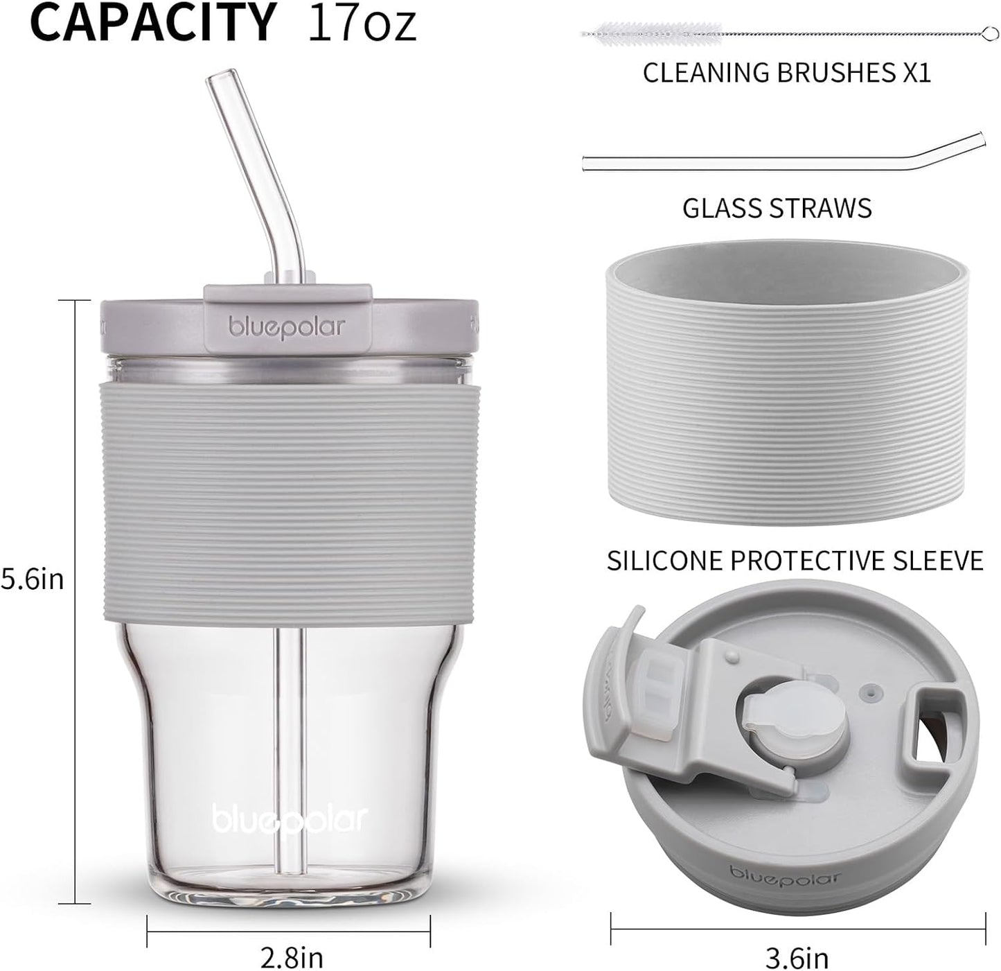 BLUEPOLAR 16oz/480ml Iced Coffee Cups With Lids And Straws,Reusable Leakproof Glass Tumbler,Water Bottles,Cold Brew,Drinking Jars For Juicing,Matcha,Tea,Smoothie For Travel,Office (Off-White)