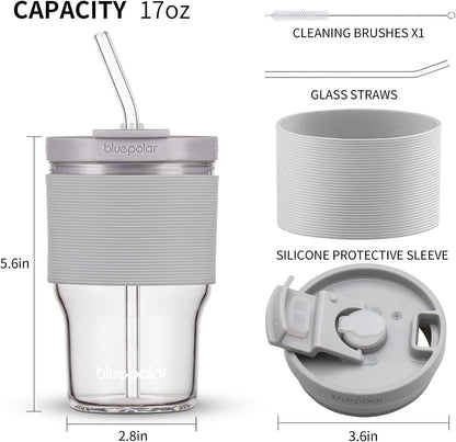 BLUEPOLAR 16oz/480ml Iced Coffee Cups With Lids And Straws,Reusable Leakproof Glass Tumbler,Water Bottles,Cold Brew,Drinking Jars For Juicing,Matcha,Tea,Smoothie For Travel,Office (Off-White)