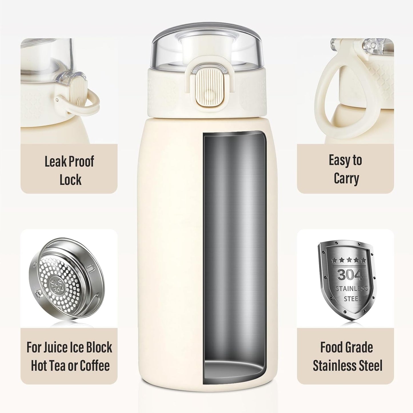 Insulated Water Bottle 24 oz with Dustproof Lid, Carry Handle & Tea Infuser, BPA-Free & Leakproof, Stainless Steel Water Bottles Ideal for Fitness, Hiking, Office & Outdoor Use (Black)