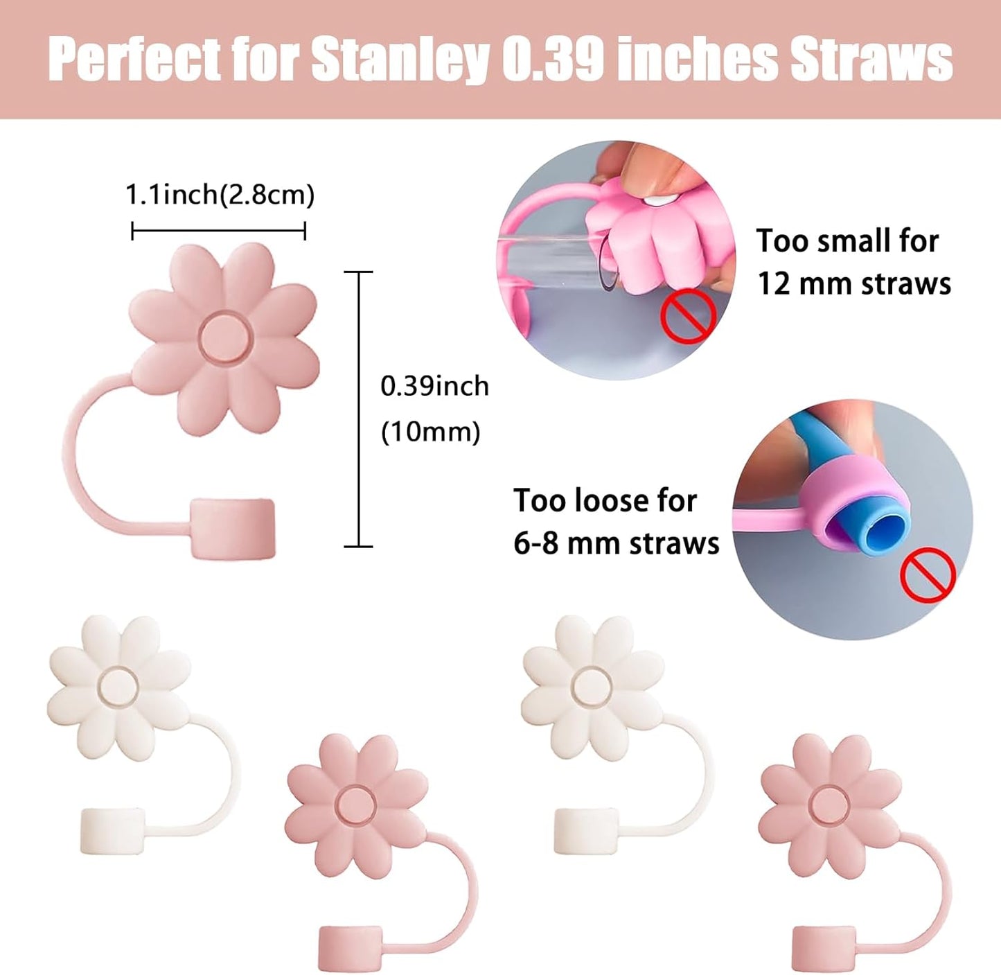 Flower Straw Covers Toppers for Stanley Cups 30&40 Oz Tumbler with Handle Accessories 4PCS Silicone Straw Caps Reusable Straws Tips Protectors for Stanley Cup 10mm 0.4in Straws,Off White