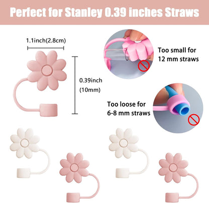 Flower Straw Covers Toppers for Stanley Cups 30&40 Oz Tumbler with Handle Accessories 4PCS Silicone Straw Caps Reusable Straws Tips Protectors for Stanley Cup 10mm 0.4in Straws,Off White