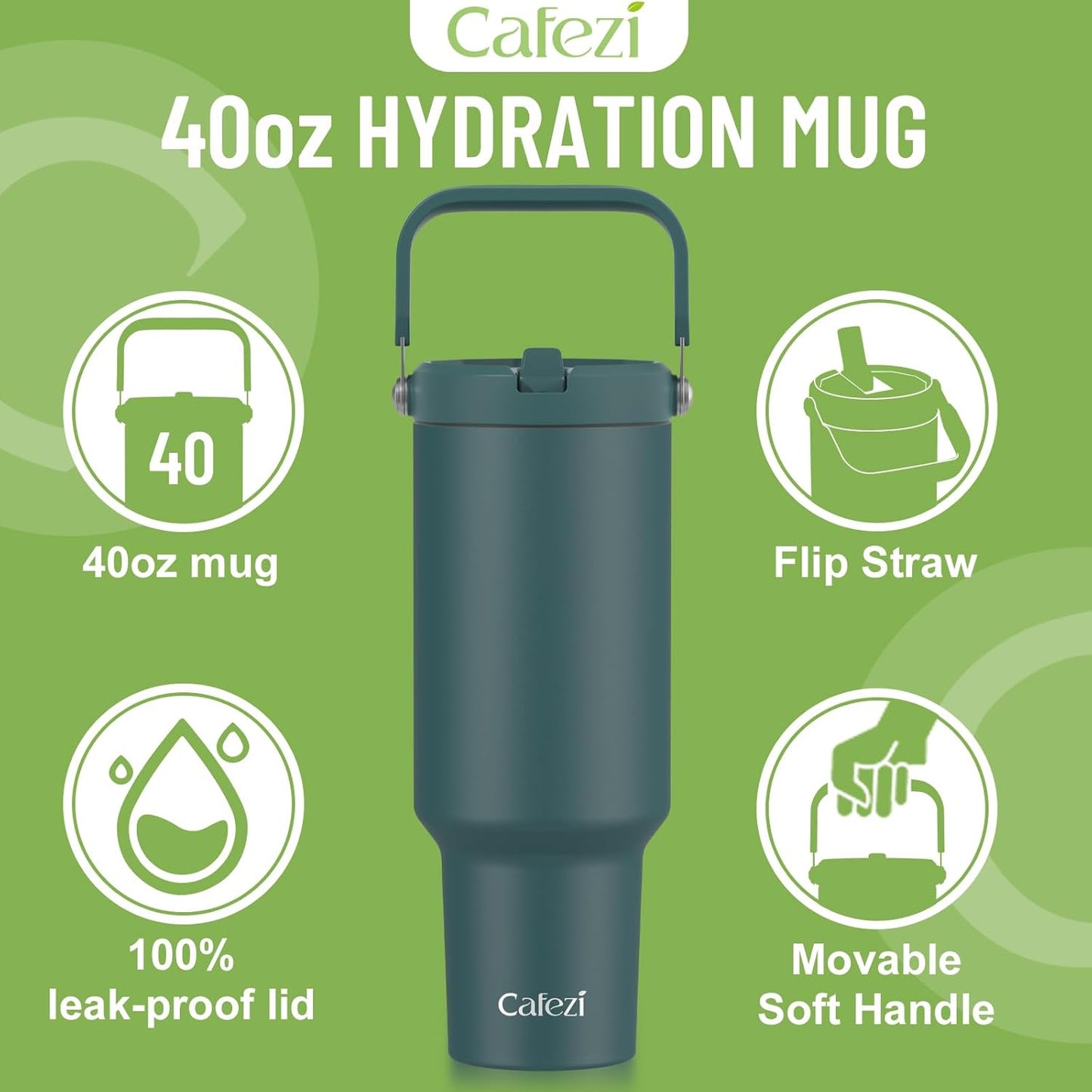 40 oz Insulated Tumbler with Top Handle and Flip Straw, Vacuum Insulated Stainless Steel Cup with Leak-Proof Lid, Sweat-Free, Fits Cup Holder, Keeps Ice Cold up to 30 Hours