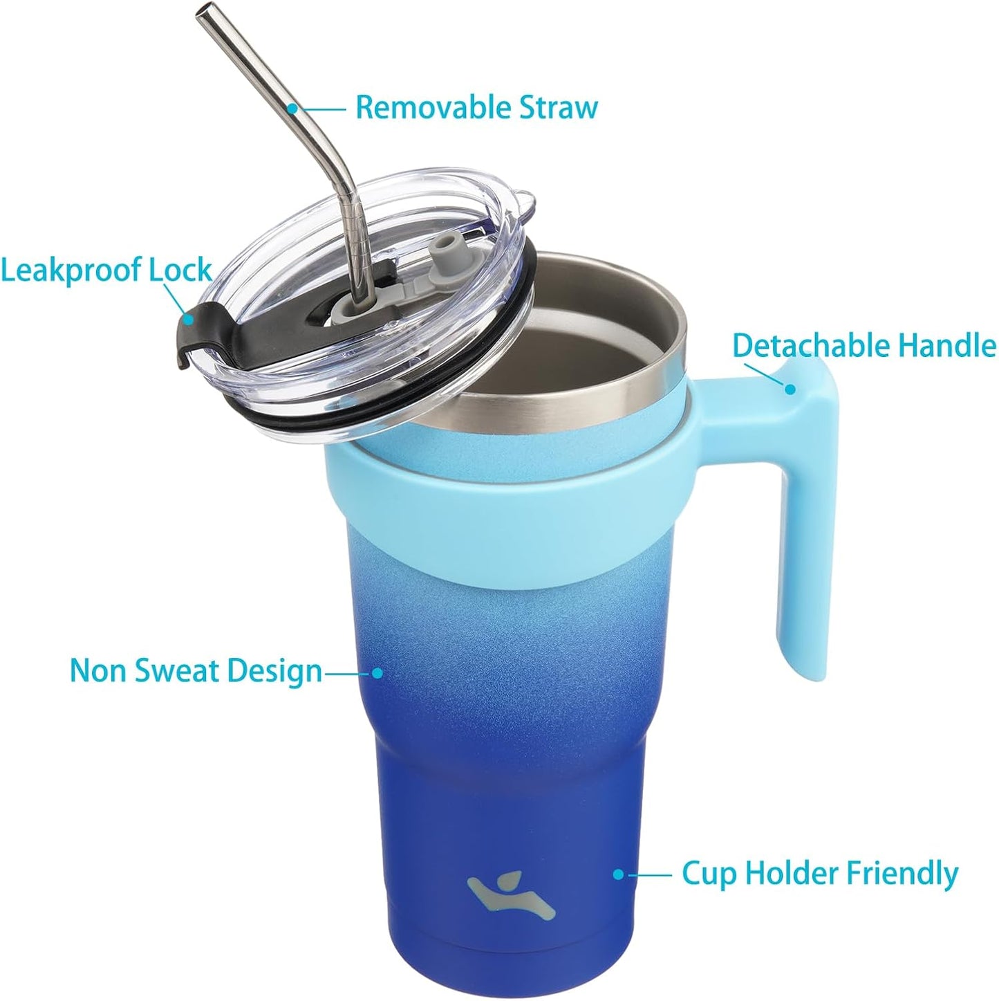 Konokyo 20 oz Tumbler with Handle and 2 Straw 2 Lid, Insulated Water Bottle Stainless Steel Vacuum Cup Reusable Travel Mug,Black