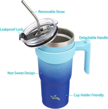 Konokyo 20 oz Tumbler with Handle and 2 Straw 2 Lid, Insulated Water Bottle Stainless Steel Vacuum Cup Reusable Travel Mug,Black