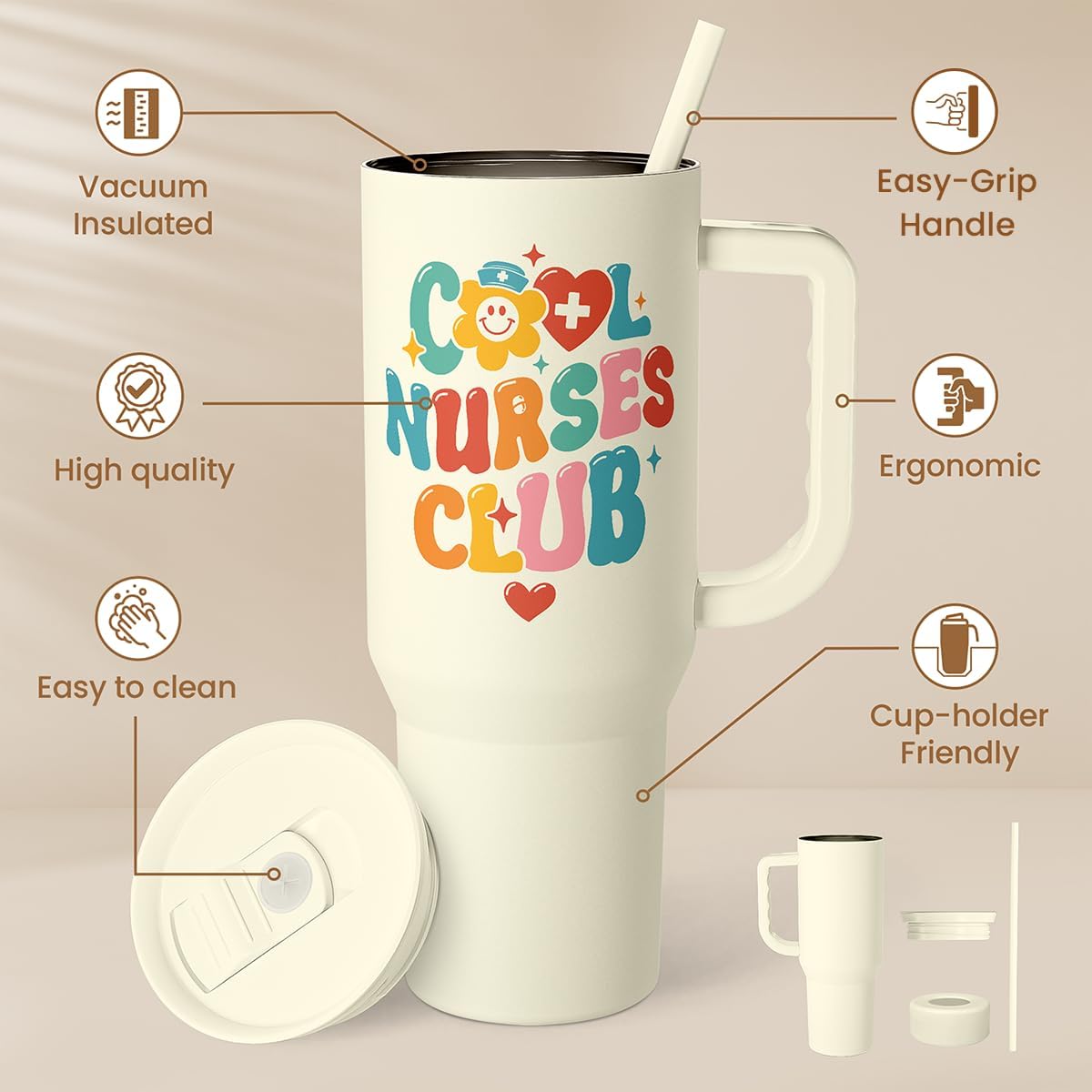 Floral Tumbler with Handle 40oz, Stainless Steel Insulated Tumblers Coffee Travel Mug Cup with Straw, Flower Coffee Cup Gifts for Women Girls, Gift for Her on Christmas Birthday Mothers Day