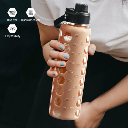 MUKOKO Glass Water Bottles, 32oz Glass Tumbler with Straw, Drinking Bottles with 2 Lids-Handle Spout Lid&Bamboo Straw Lid, Motivational Water Bottle with Time Marker and Silicone Sleeve, 1 Pack-Olive