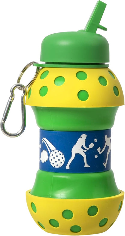 Windy City Novelties Collapsible Pickleball Silicone Water Bottle – 16 oz Portable Sports Bottle with Clip for Pickleball Players