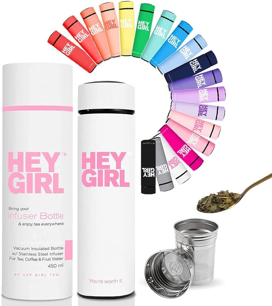 Hey Girl Tea Infuser Bottle 450ml - Insulated Stainless Steel Water Bottle - Tea Tumbler with Tea Diffuser - Portable Travel Mug for Loose Leaf Tea & Infused Water - Tea Lovers Gifts for Women (Pink)