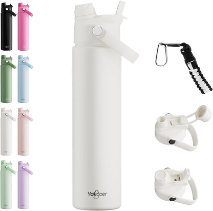 26oz Insulated Water Bottle with 2-in-1 Straw and Spout Lid, 304 Stainless Steel Water Bottle Keep Cold for 24H,Leak-Proof,Sports Water Bottle with Braided Carry Strap for Gym,Travel,Outdoors,Black