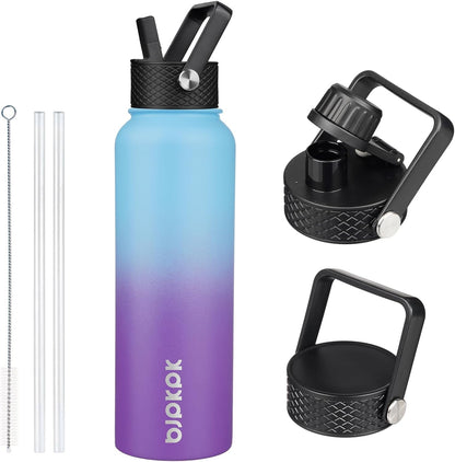 BJPKPK Insulated Water Bottles with Straw Lid, 40oz Stainless Steel Water Bottles with 3 Lids, BPA Free Leakproof Thermo, Tumblers, Cups for Sports, Gym- Midnight - Colors A