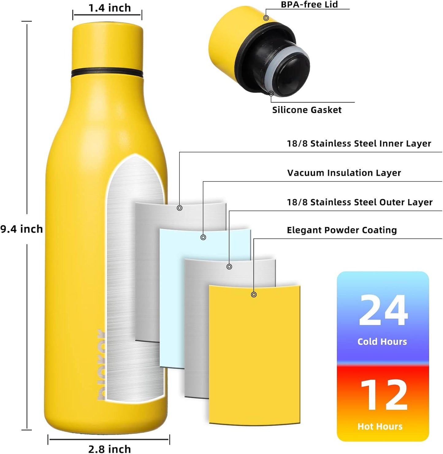 BJPKPK Insulated Water Bottles, 18 oz Stainless Steel Metal Water Bottle with Strap, BPA Free Leak Proof Jugs, Mugs, Flasks, Reusable Thermal Flasks for Sports & Travel, Black - Colors B