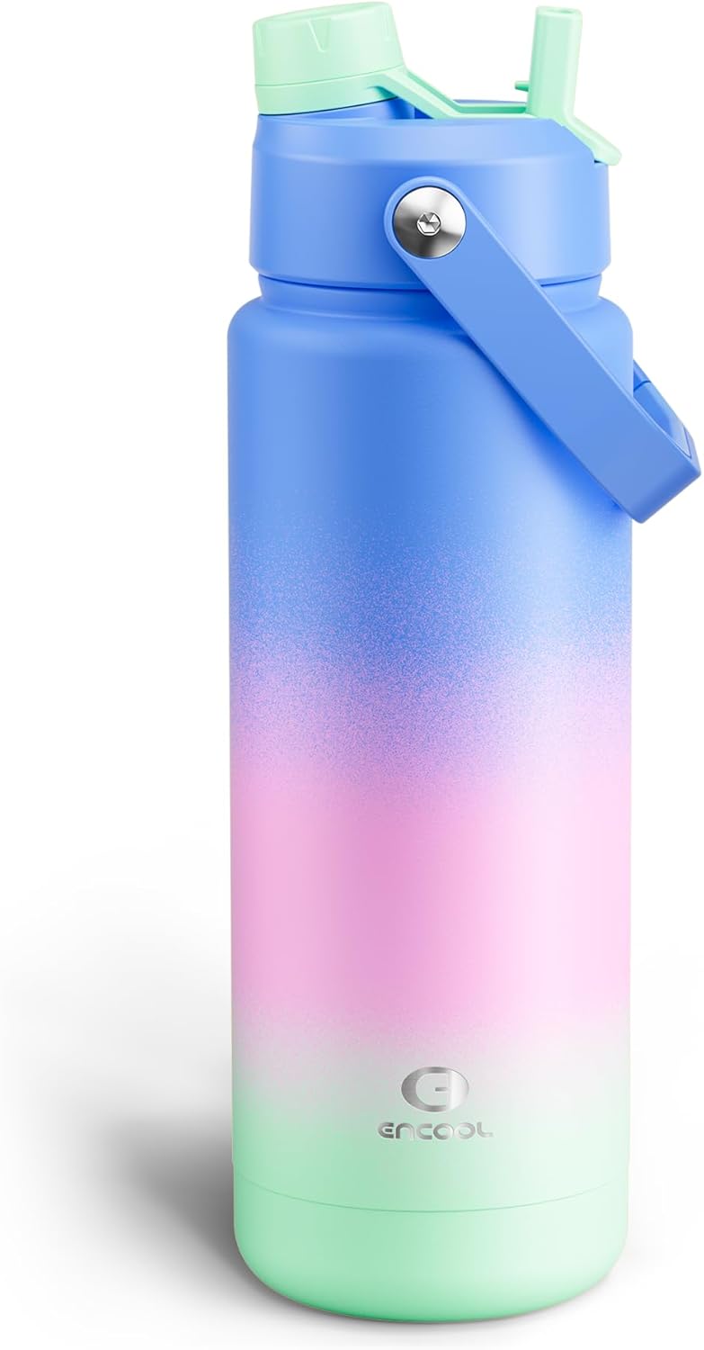 ENCOOL Insulated Water Bottle with Straw Stainless Steel Water Bottle, Leak-Proof, BPA-Free, Double Wall Vacuum Keeps Cold for 24 Hours for Sports, Travel, School (26 oz, Cotton Candy) - Colors C