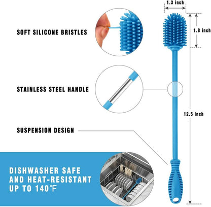 Silicone Bottle Cleaning Brush with Long Handle, 12.5" Water Bottle Cleaner for Baby Bottles, Hydro Flask, Sports Bottle, Vase, Glassware, Perfect for Smaller Diameter Bottle Openings (One Pack)