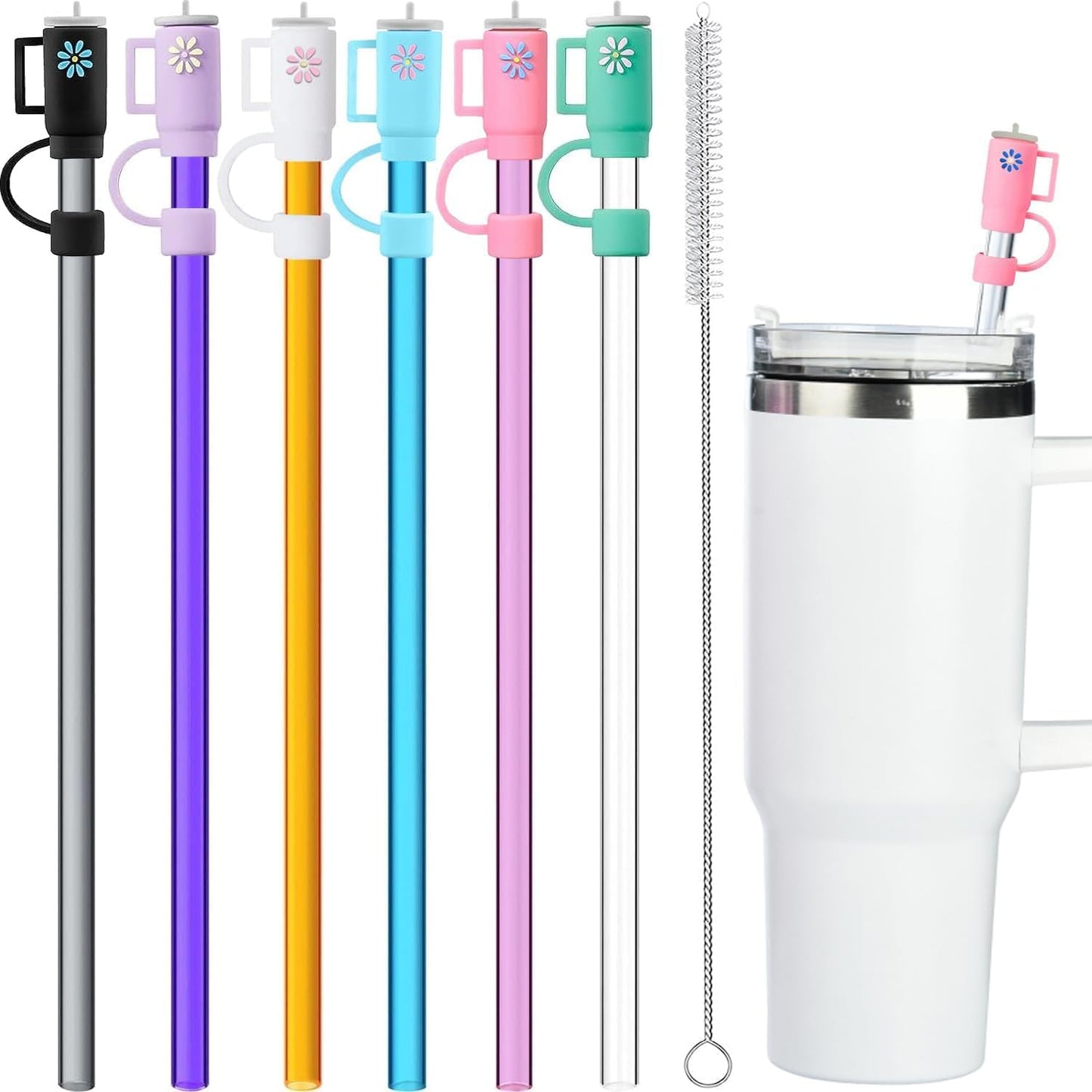 12 Pack Replacement Glitter Straws and Covers for 40 oz Stanley Adventure Travel Tumbler Cup, Reusable Glitter Straws with Cleaning Brush, Compatible with 40oz 30oz 20oz 14oz Stanley Water Jug, 12inch