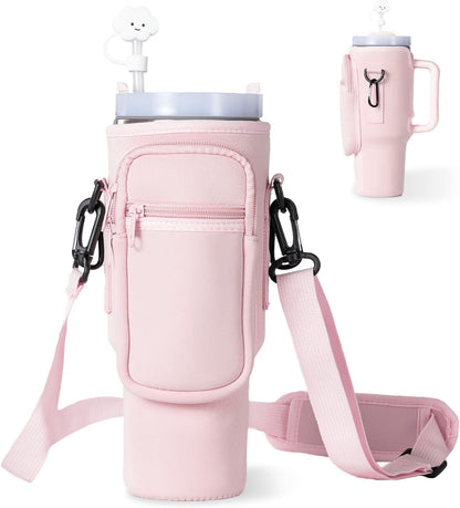 dabria Water Bottle Carrier Bag with Phone Pocket for Stanley 40/30 oz Tumbler Neoprene Water Bottle Holder Pouch with Adjustable Strap Bollus with Straw Cover for Stanley Cup Accessories