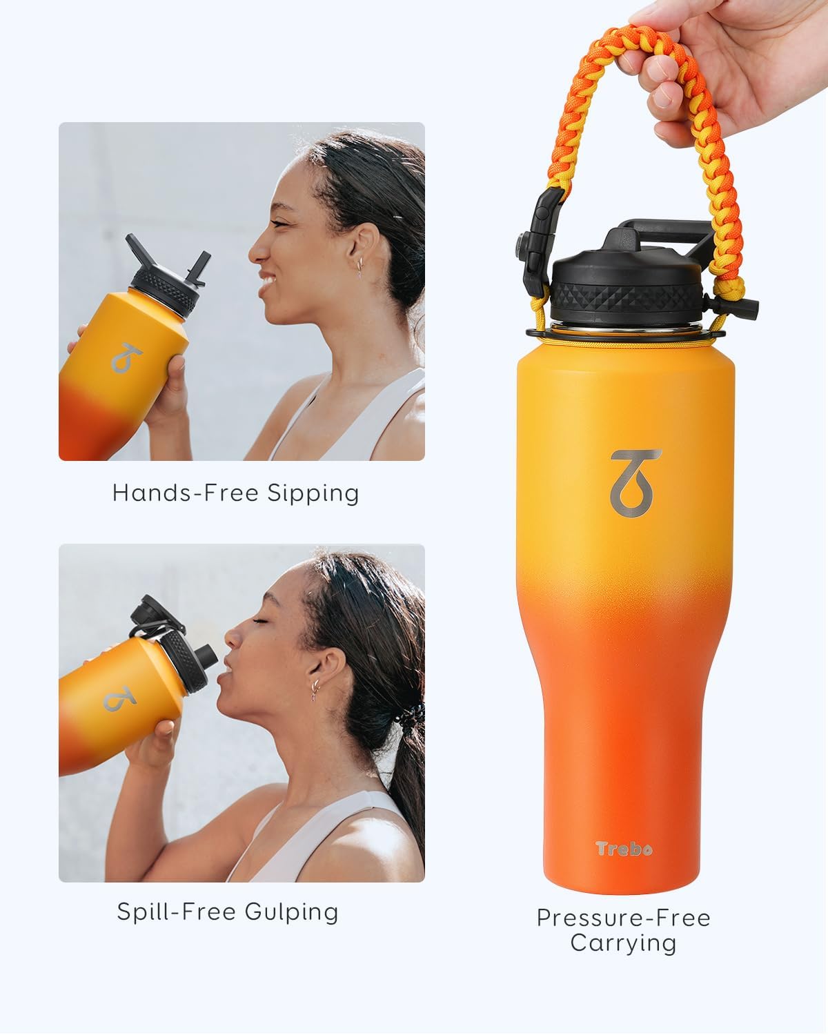 Trebo 40 oz Water Bottle Insulated Fit Car Cup Holder with Handle, Stainless Steel Water Bottles Tumbler with Spout Straw Lids, Double Wall Travel Reusable Flask, Leakproof Mug,Keep Cold &Hot,Black