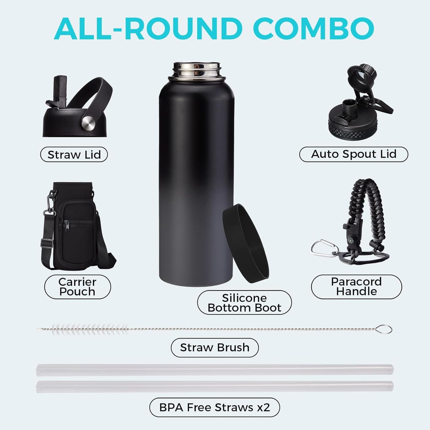 32/40/64OZ Insulated Water Bottle - Keep Cold 48H Hot 24H, Combo Straw/Spout Lids, Paracord Handle for Gym/Hiking, Carrier Bag +Strap, Cup Mat, BPA-Free Stainless Steel Flask Jug