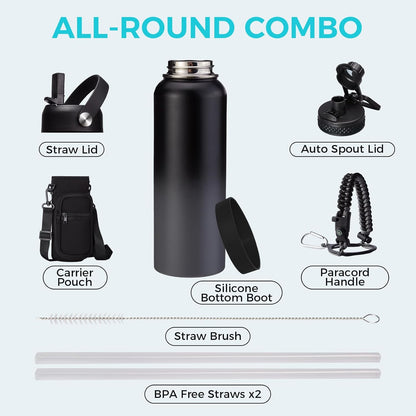 32/40/64OZ Insulated Water Bottle - Keep Cold 48H Hot 24H, Combo Straw/Spout Lids, Paracord Handle for Gym/Hiking, Carrier Bag +Strap, Cup Mat, BPA-Free Stainless Steel Flask Jug