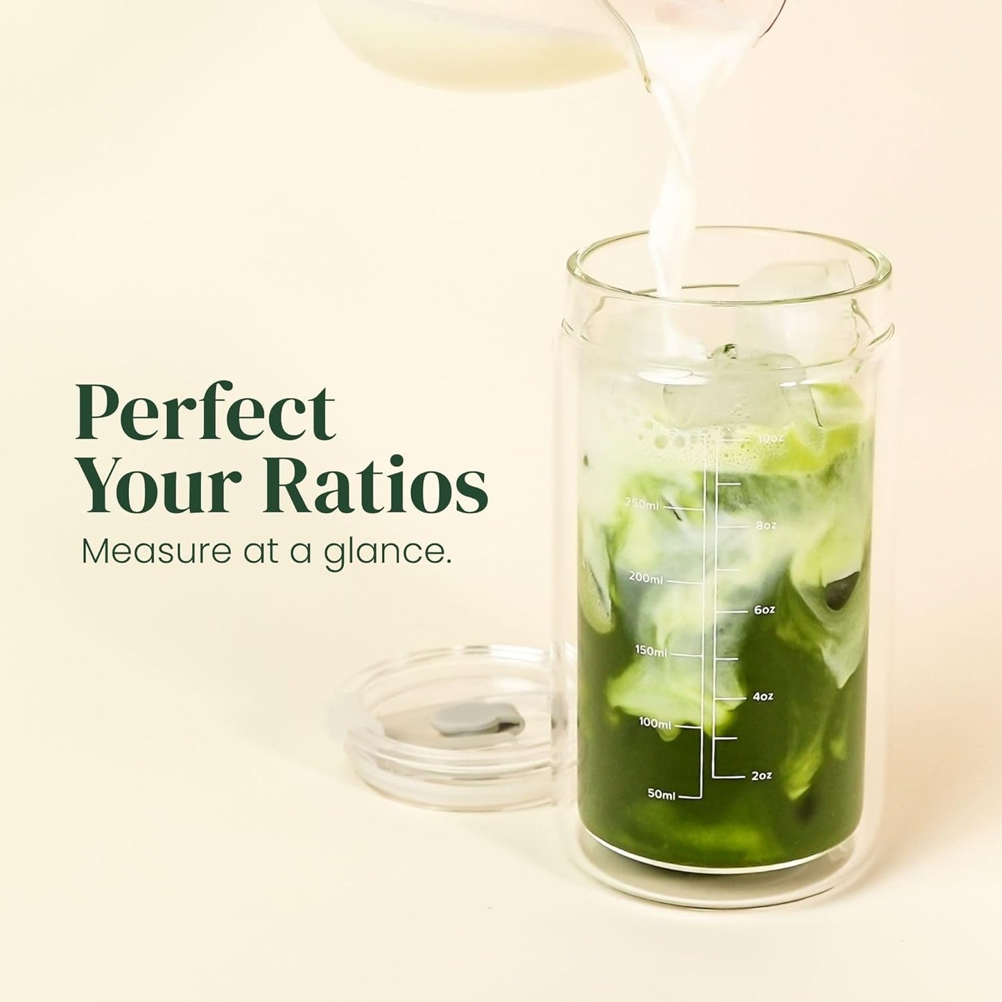 Crafti Slow Sippin' Glass Tumbler with Straw & Lid – 11.8oz / 350ml Double-Walled Glass Coffee Cup, Matcha Cup with Volume Markings, Tritan® Straw & Cleaner – Reusable, BPA-Free Iced Coffee Tumbler