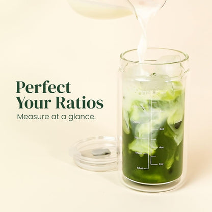 Crafti Slow Sippin' Glass Tumbler with Straw & Lid – 11.8oz / 350ml Double-Walled Glass Coffee Cup, Matcha Cup with Volume Markings, Tritan® Straw & Cleaner – Reusable, BPA-Free Iced Coffee Tumbler