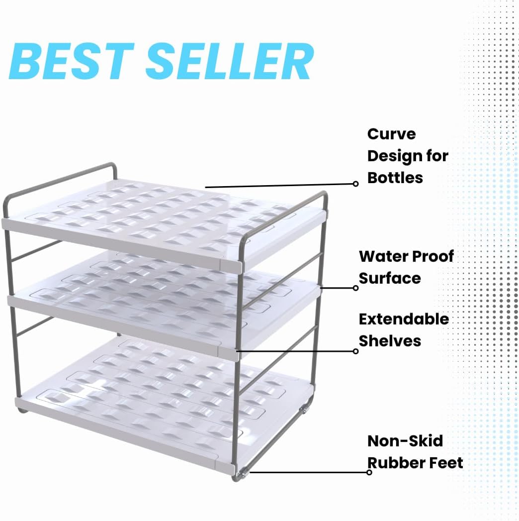 YAN & HIN Expandable Water Bottle Organizer for Cabinet, 3 Tier Tumbler Organizer, Adjustable Bottle Holder, Kitchen Pantry Storage Rack