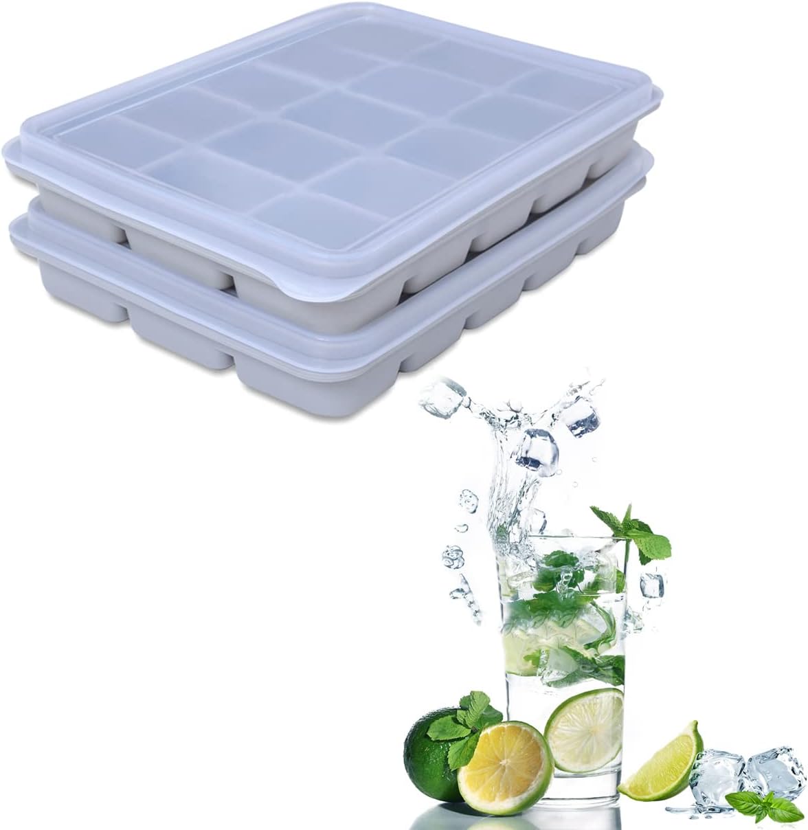 Ice Cube Trays Set of 2, Easy Release 15 Flexible Silicone Ice Cube Molds with Removable Lid Reusable Freezer Ice Trays Stackable for Whiskey, Baby Food, BPA Free (BAMBOO GREEN)