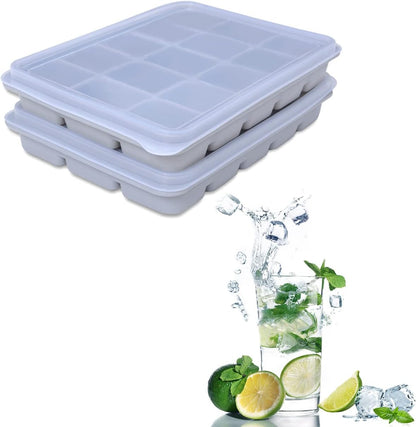 Ice Cube Trays Set of 2, Easy Release 15 Flexible Silicone Ice Cube Molds with Removable Lid Reusable Freezer Ice Trays Stackable for Whiskey, Baby Food, BPA Free (BAMBOO GREEN)