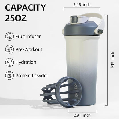 BJPKPK 25 oz Insulated Protein Shaker Bottle with Handle, Stainless Steel Tumbler for Protein Mixes,BPA Free Metal Shaker Cup for Gym Workout,White and Grey