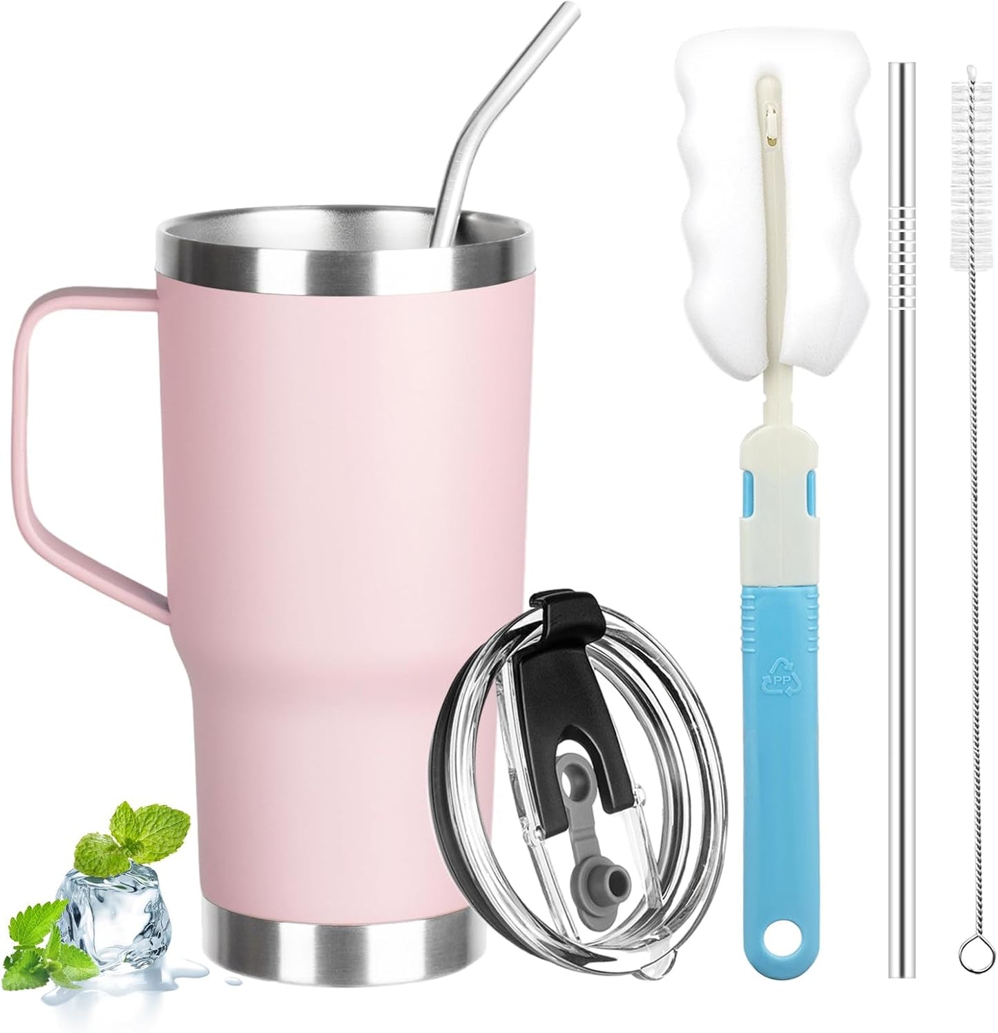 20 oz Tumbler with Handle, Stainless Steel Insulated Tumbler with Lid and Straw, Double Wall Vacuum Coffee Mug Tumbler, Insulated Coffee Thermal Cup for Cold and Hot (Light Purple)