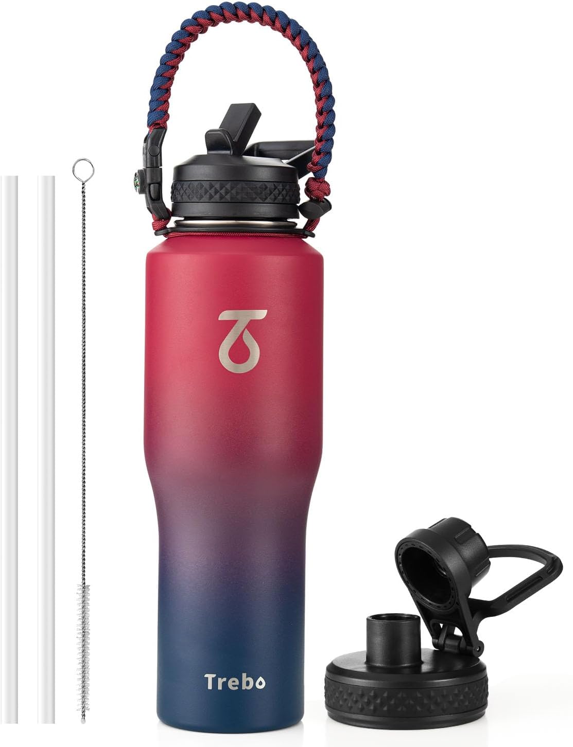 Trebo 40 oz Water Bottle Insulated Fit Car Cup Holder with Handle, Stainless Steel Water Bottles Tumbler with Spout Straw Lids, Double Wall Travel Reusable Flask, Leakproof Mug,Keep Cold &Hot,Black