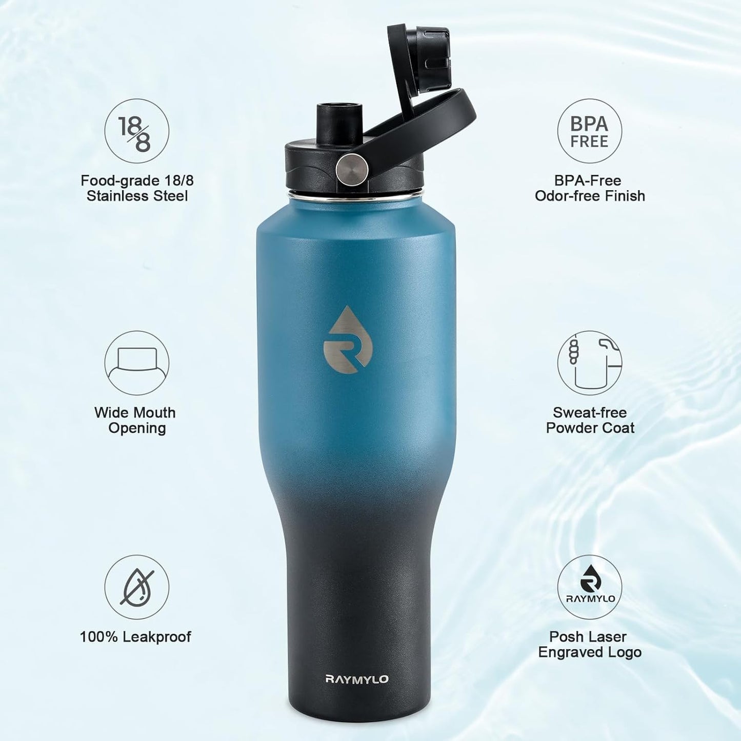 RAYMYLO 40 oz Insulated Water Bottle with Straw fit in Car Cup Holder, Triple Wall Vacuum Stainless Steel(Cold 48 hrs, Hot 24 hrs), Leakproof & Non-BPA, Hydro Travel Flask with Straw and Spout Lid