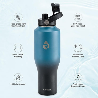 RAYMYLO 40 oz Insulated Water Bottle with Straw fit in Car Cup Holder, Triple Wall Vacuum Stainless Steel(Cold 48 hrs, Hot 24 hrs), Leakproof & Non-BPA, Hydro Travel Flask with Straw and Spout Lid