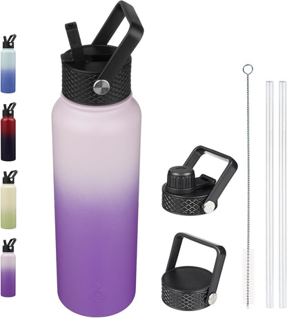 BJPKPK Insulated Water Bottles with Straw Lid, 40oz Stainless Steel Water Bottles with 3 Lids, BPA Free Leakproof Thermo, Tumblers, Cups for Sports, Gym- Midnight - Colors A