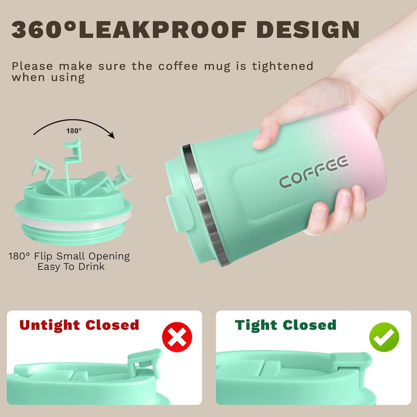 SPLMIFA Travel Coffee Mug Leak-Proof, Reusable Coffee Cups with Lids, Stainless Steel Vacuum Insulated Coffee Tumblers, Thermal Insulation Cup for Men and Women Hot & Cold Drinks(2nd-Green Pink, 12OZ)