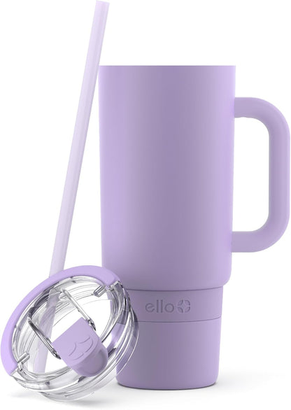 Ello Port 40oz Tumbler with Carry Loop & Integrated Handle, Vacuum Insulated Stainless Steel Reusable Water Bottle, Travel Mug with Leak Proof Lid & Straw, Perfect for Iced Coffee & Tea, White