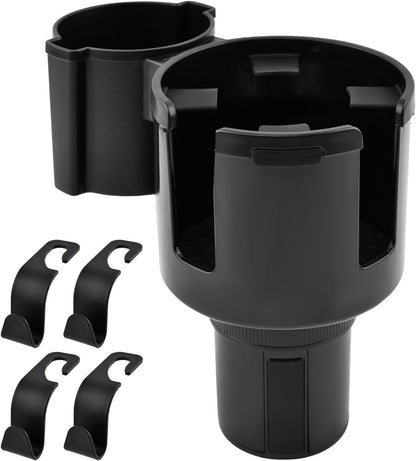 2-in-1 Car Cup Holder Expander, Adjustable Car Extender Adapter with Non-Slip Base - No Spill Cup Holder Extender with 4 Hooks for Yeti, Hydro Flask, Stanley Large Tumblers (10-48oz)