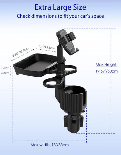 Car Cup Holder Tray - 5 in 1 Adjustable Car Cup Holder Expander with Food Tray Table and Phone Mount for All Purpose, Automotive Essentials for Driver and Front Passenger