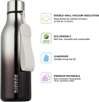 BJPKPK Insulated Water Bottles, 18 oz Stainless Steel Metal Water Bottle with Strap, BPA Free Leak Proof Jugs, Mugs, Flasks, Reusable Thermal Flasks for Sports & Travel, Black - Colors A