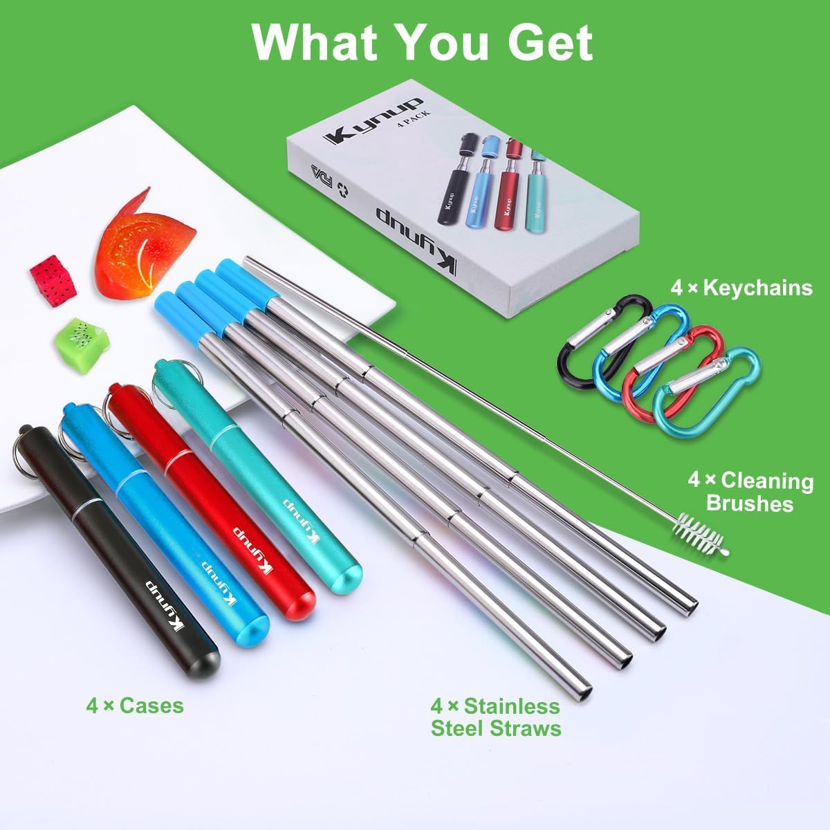 Kynup 4Packs Reusable Straws, Metal Straw with Silicon, Travel Drinking Straws with Case, Keychain, Cleaning Brushes, Silicon Pcs Perfect for Travel, Gifts (20 PCS) Blue-Black-Silver-Turquoise
