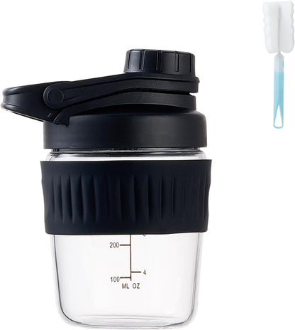 16oz Glass Shaker Bottle for Protein, Small Borosilicate Glass Protein Powder Leak-Proof Shaker Cup Mixes with 304 Blending Ball(16oz,Black)