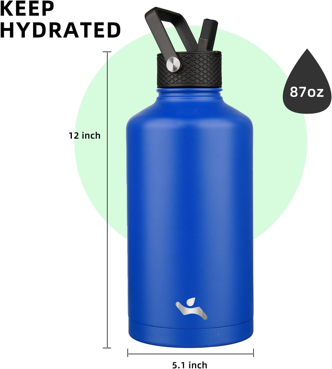 Konokyo 22oz Stainless Steel Bottles with 3 Lids Sport Insulated Water Bottle,Mint