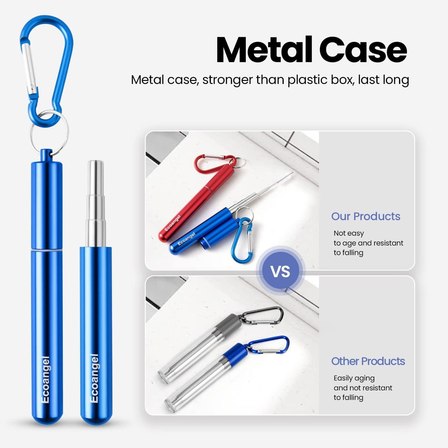 Ecoangel Cruise Ship Essentials,4-Pack reusable Collapsible Stainless Steel Drinking Straws with Aluminum Case,Cleaning Brush,and Keychains-Silver,Blue,Red,Green