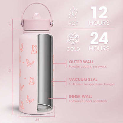 SANDJEST Pickleball Gift for Women, Water Bottle Stainless Steel 32oz with Lid & Straw, Sport Insulated Bottles Gifts for Girls Friends Teens Birthday Christmas