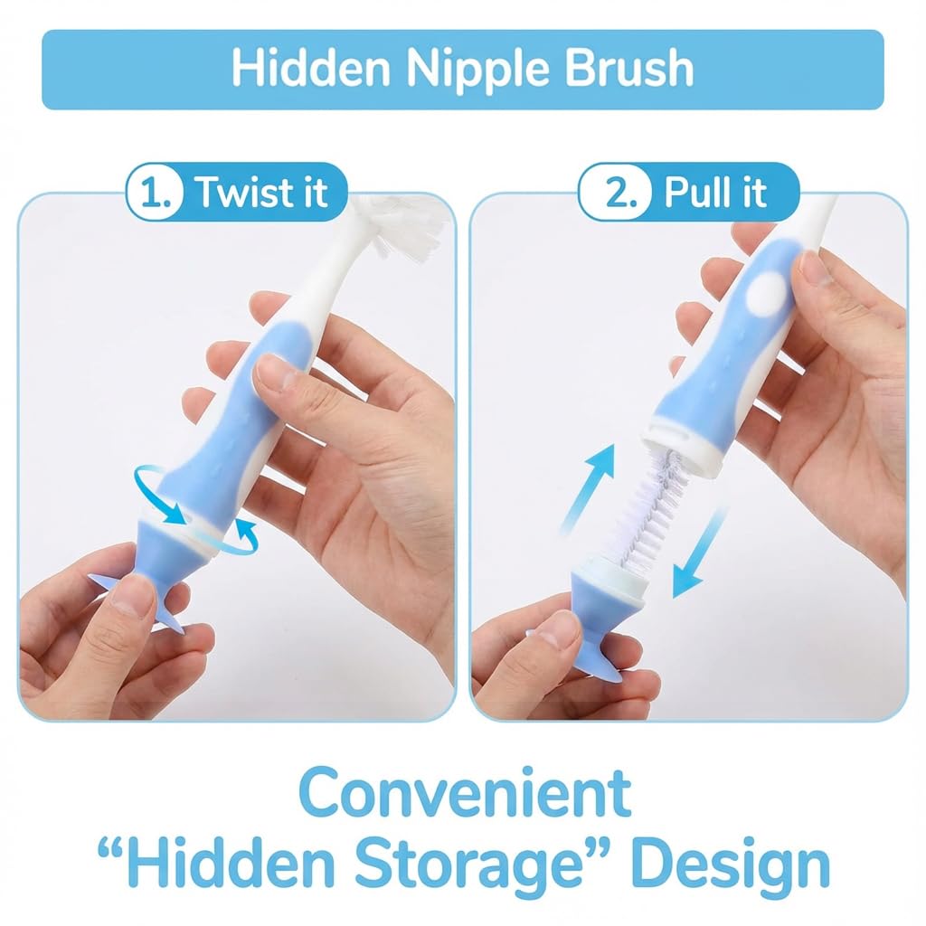 Ariseno 5-in-1 Baby Bottle Cleaner Set, Including Nylon & Silicone Bottle Brush, Cap, Straw & Nipple Brushes, BPA-Free (Grey)
