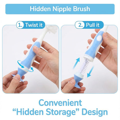 Ariseno 5-in-1 Baby Bottle Cleaner Set, Including Nylon & Silicone Bottle Brush, Cap, Straw & Nipple Brushes, BPA-Free (Grey)