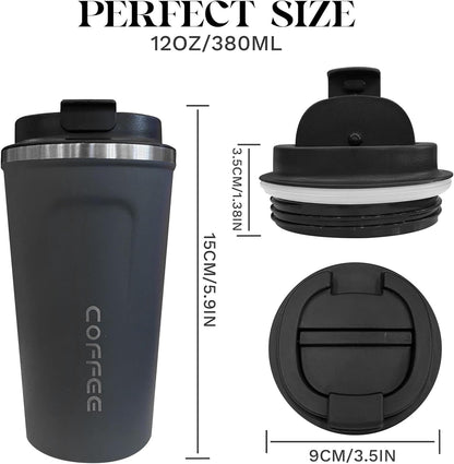 YINBAOGE Insulated Travel Coffee Mug, Spill & Leak Proof, Portable To Go Camping Stainless Steel Coffee Tumbler, Reusable Thermal Coffee Cup with Lid for Hot & Cold Drinks (Black, 12 OZ)