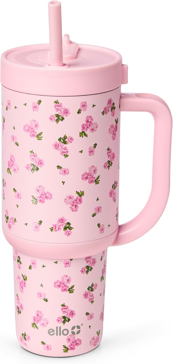 Ello Oasis 40 oz Tumbler with Handle & Retracting Straw | Reusable Insulated Stainless Steel Cup 100% Leakproof, Gifts for Teens Women Men | Keeps cold for 24 Hours, Cup Holder Friendly, Daisies