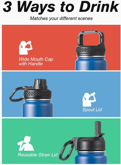 Half Gallon Water Bottle Insulated with Straw & 3 Lids, Coolflask 64 oz Water Jug Large Metal Stainless Steel Wide Mouth for Sports, Gym or Office, Non-BPA Keep Cold 48H Hot 24H, Samurai Cyan